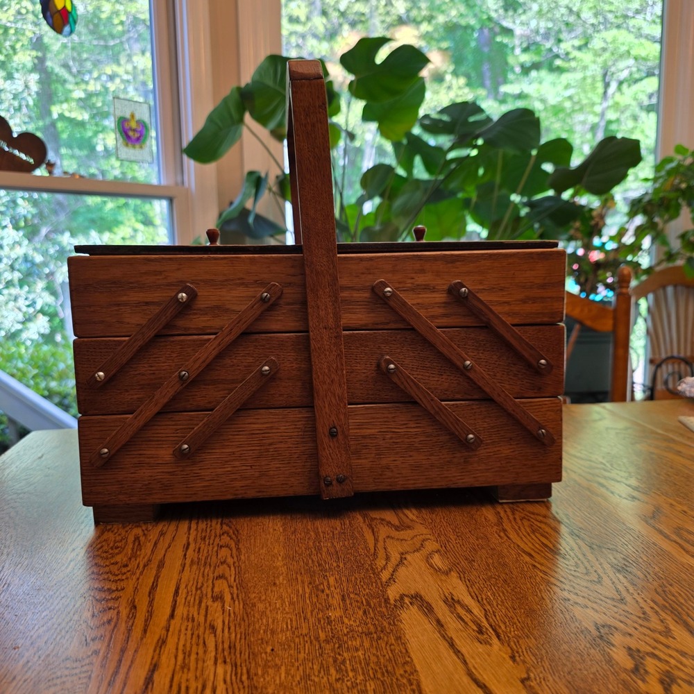 Vintage Wooden Accordion Sewing Box 3 Tier Cantilever Expandable Organizer 1970s